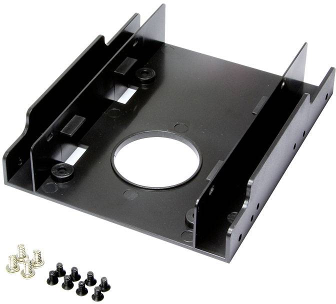 Black hard drive adapter with screws. Used for mounting 2.5-inch hard drives in 3.5-inch bays.