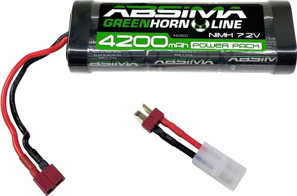 NIMH 7.2V Battery by Absima, Greenhorn Range, 4200 mAh. Black casing with red and black connection cables.