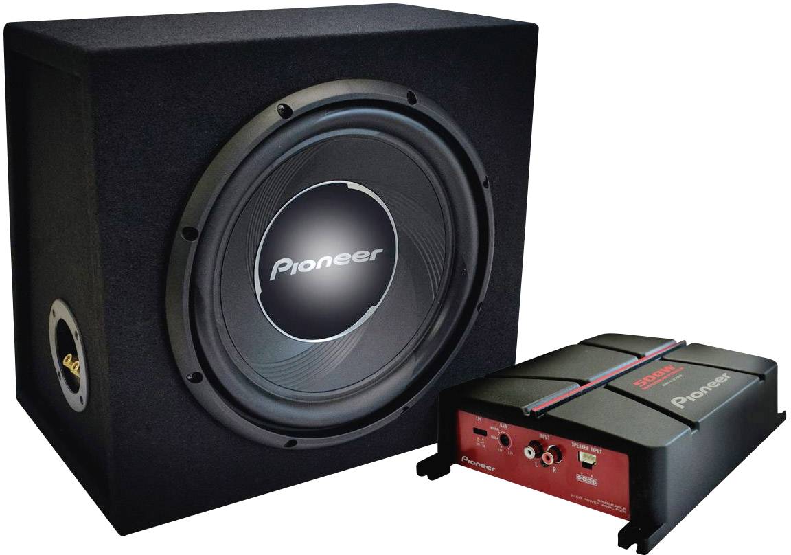'Pioneer' Subwoofer and Amplifier Set. The subwoofer is housed in a black enclosure, and the amplifier features a red and black design.