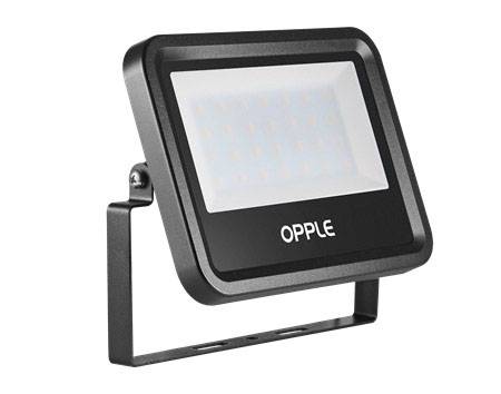A black, rectangular LED floodlight with the 'OPPLE' inscription on the front and an adjustable metal mounting bracket.