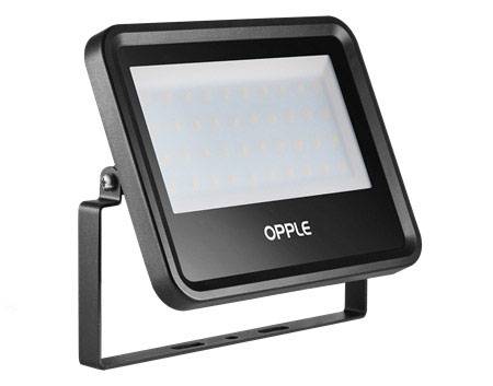 A rectangular LED floodlight with a black frame and stand, with the brand name 'Opple' visible on the front.