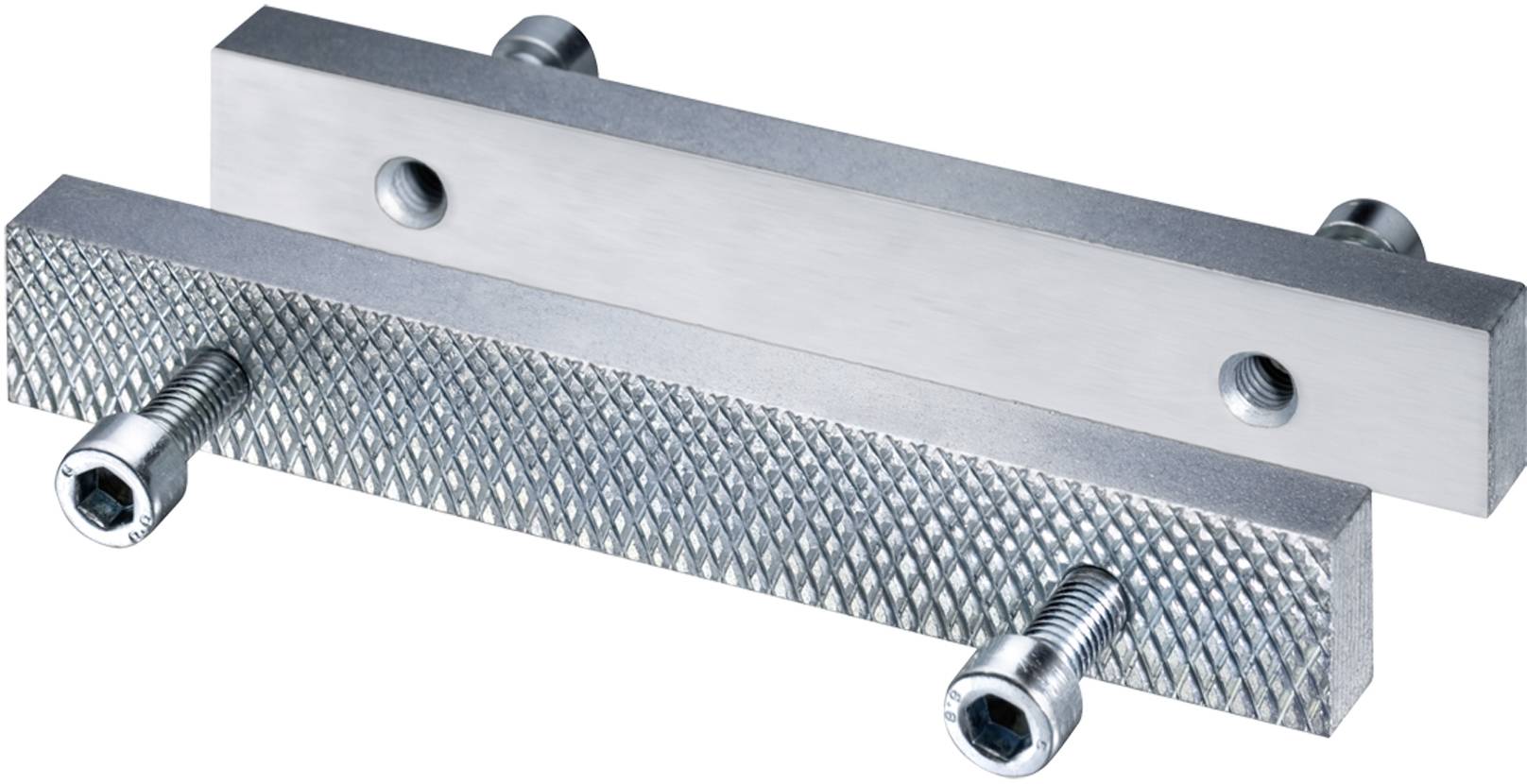 Two silver metal blocks with screws, one smooth, the other with a grid structure, interlock and ensure stable support.