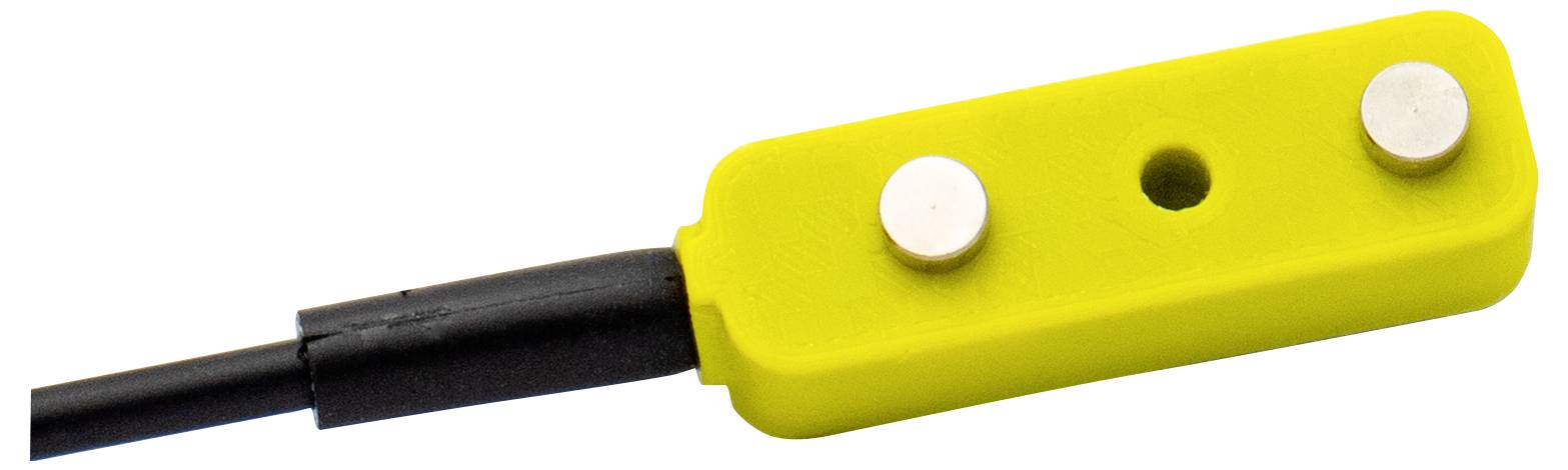 Yellow electric plug connector with a black cable attached, shown on a white background.