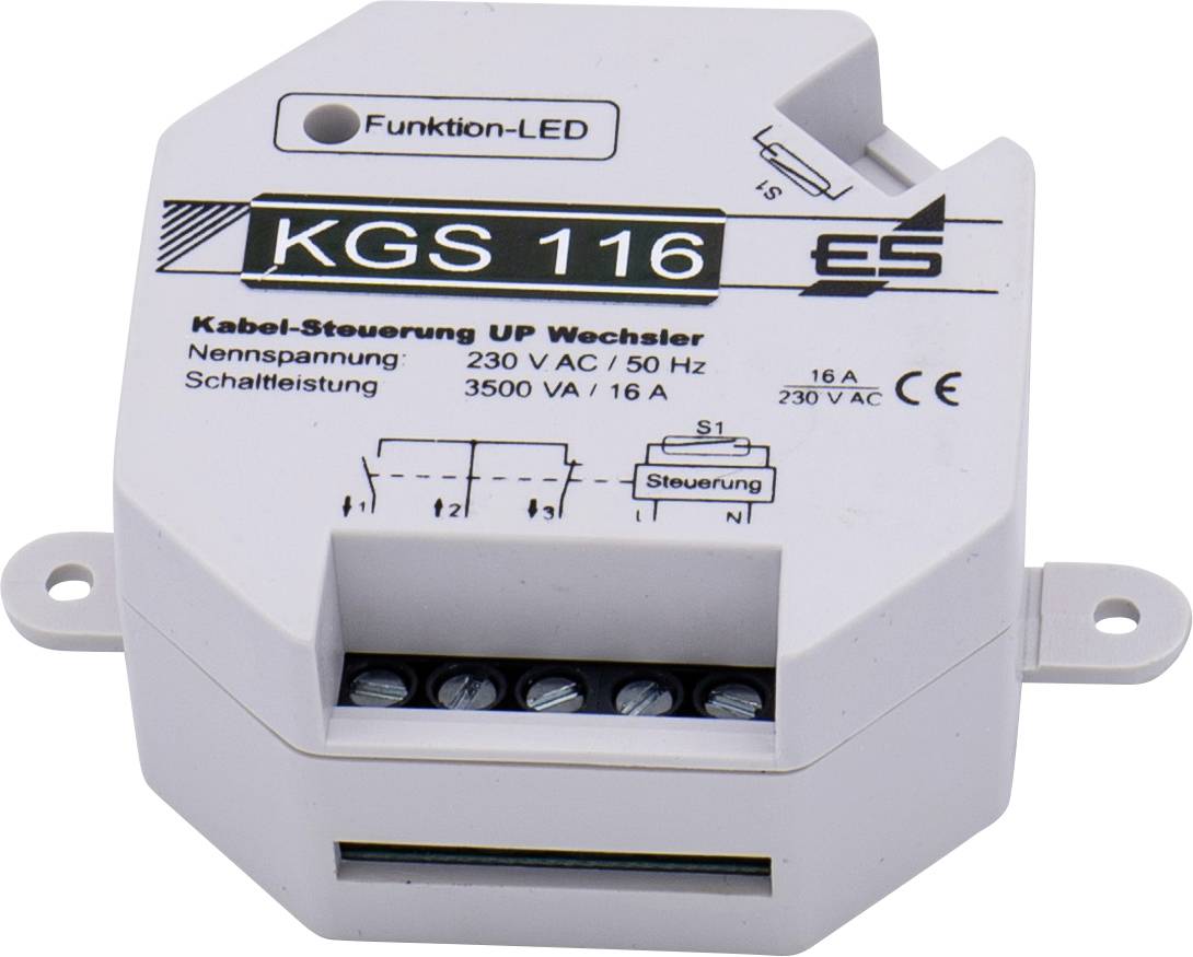 An electrical switch with the model number 'KGS 116' by ES. Technical specifications: 230 V AC, 50 Hz, 3500 VA, 16 A.