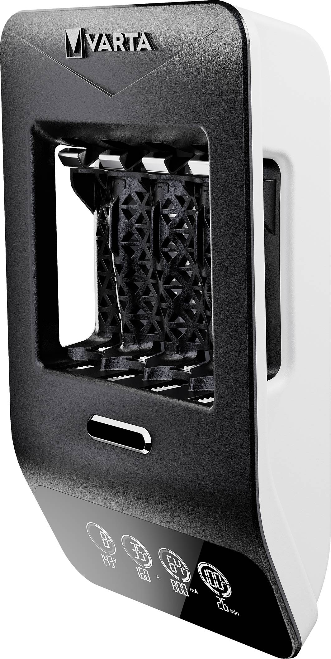 A black and white battery charger with four battery slots and a digital display panel, designed for recharging AA and AAA batteries.