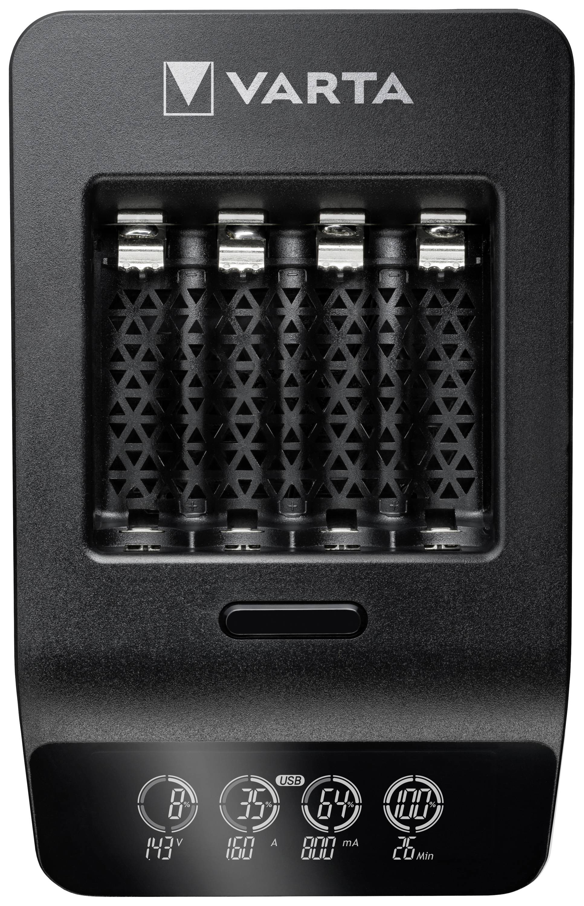 Varta battery charger with a display showing four AA batteries and data such as voltage, current, capacity, and charging time on the screen.