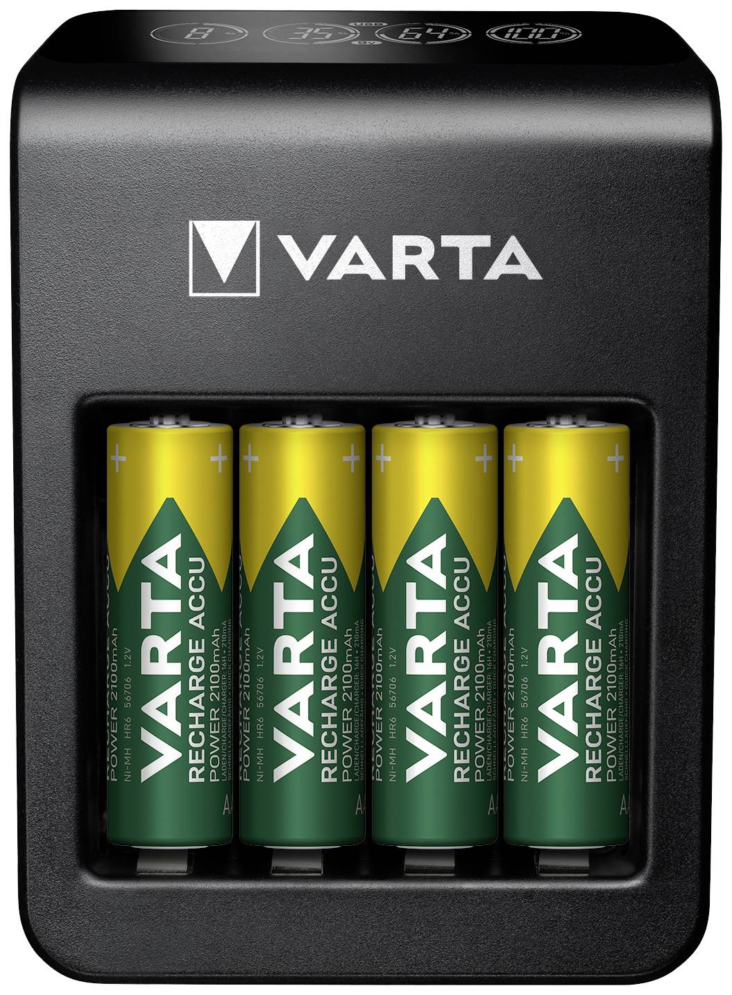 A charger with four rechargeable AA batteries by Varta. The device is black and compact, suitable for household use.