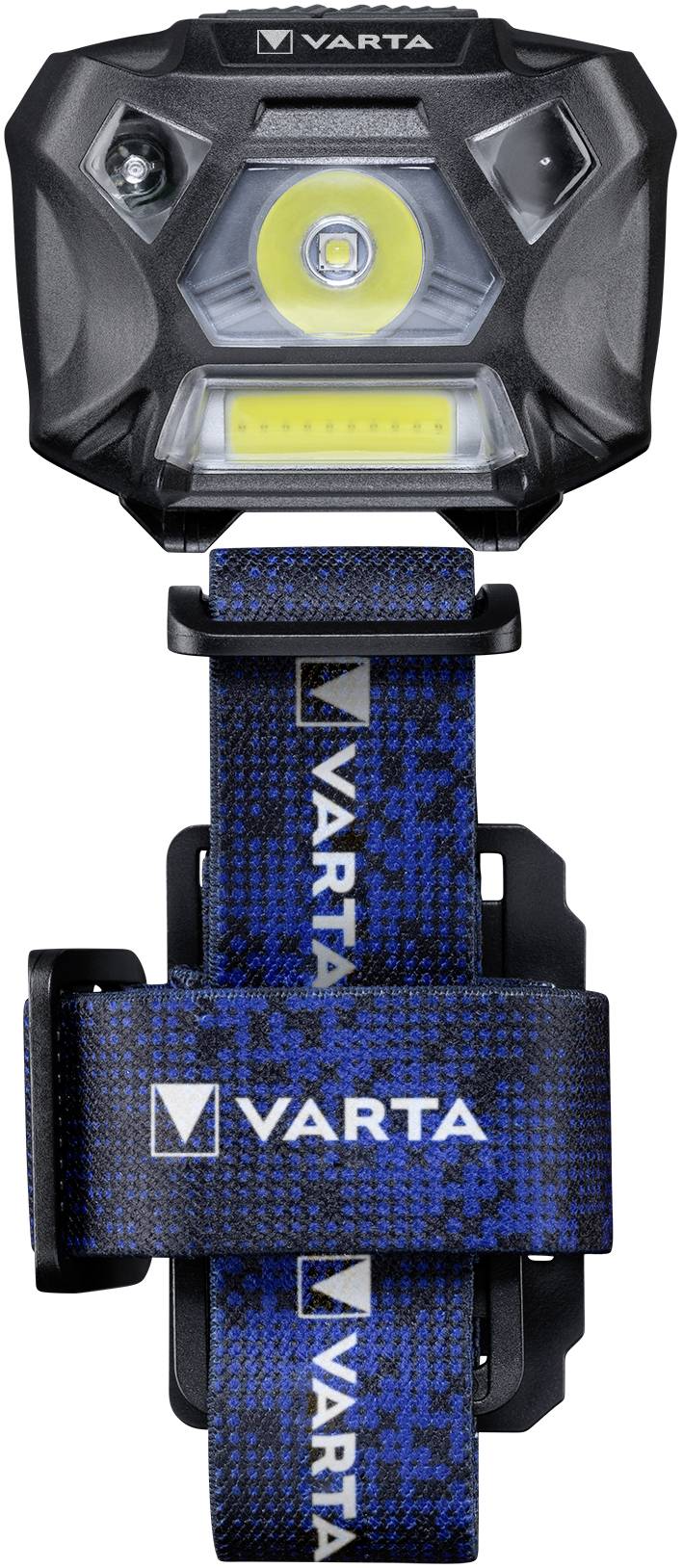 A black and blue head torch by Varta, with an adjustable strap and bright LED light, perfect for outdoor activities.
