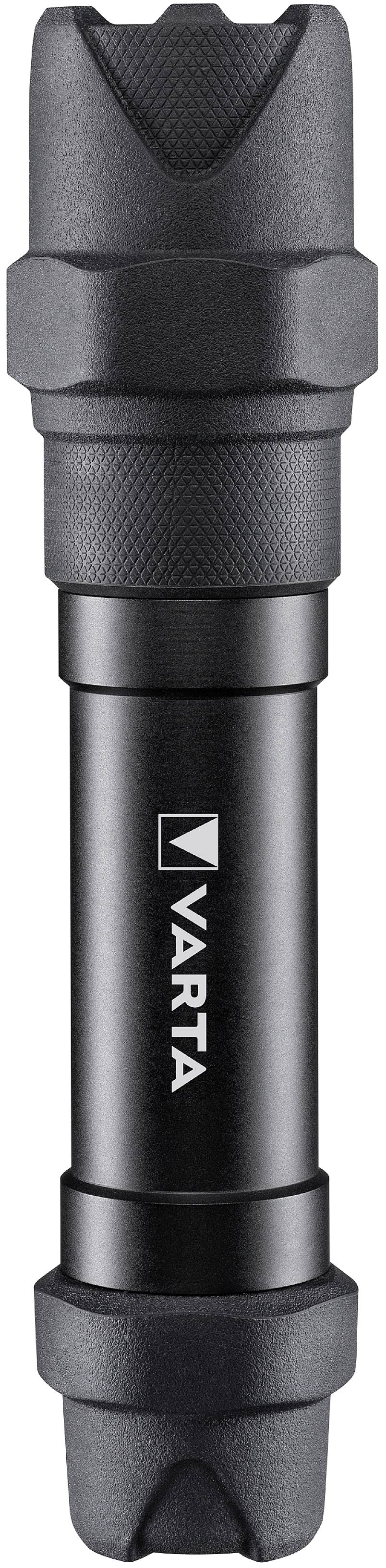Black torch with the 'Varta' logo on the handle, silver accents, robust design, suitable for outdoor activities.