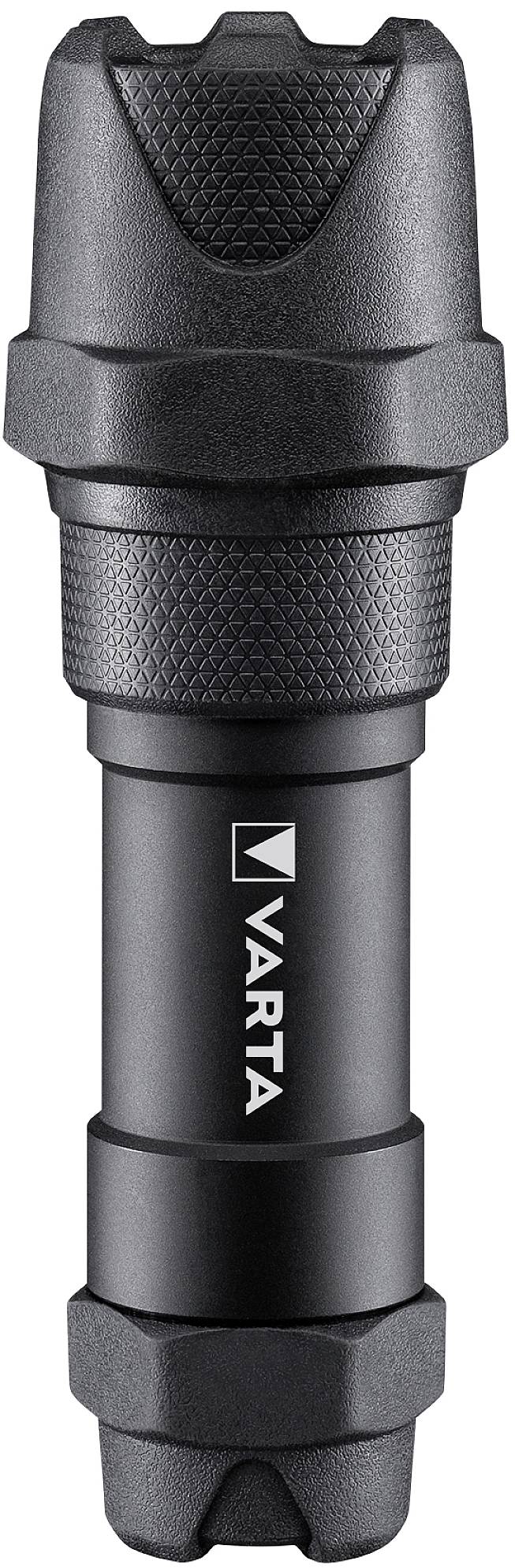Black Varta torch with robust design and textured grip for improved handling.