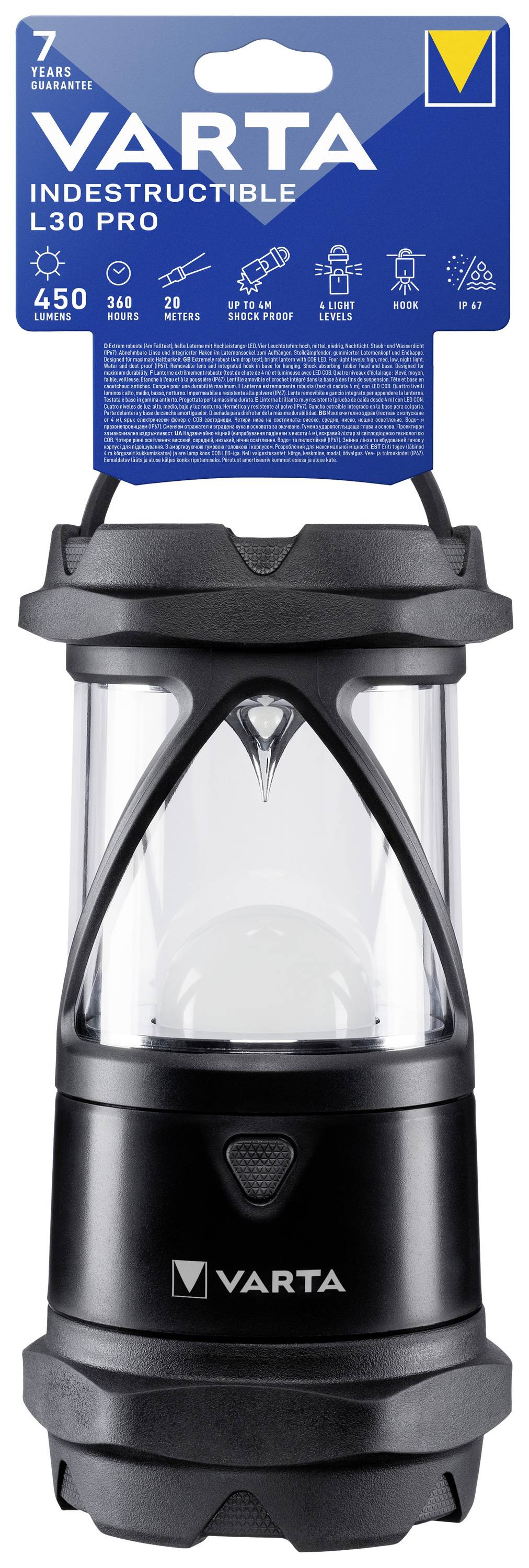 Black, robust Varta lantern with 450 lumens, suitable for outdoor use. Packaging displays battery life and product details.