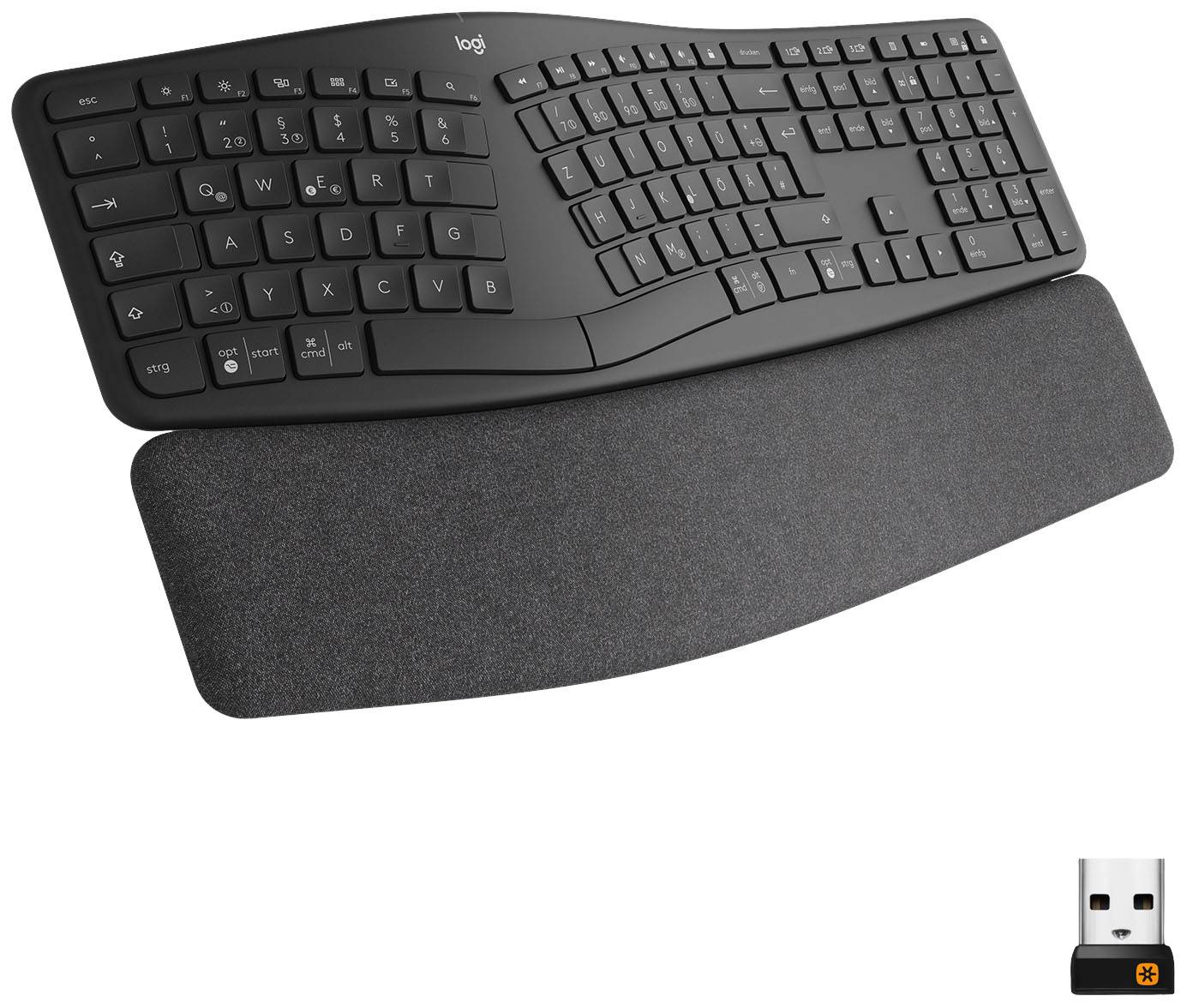 Logitech ERGO K860 Wireless Keyboard German, QWERTZ Black Split keyboard, Ergonomic, Gel wrist support mat, Dirt-repellent