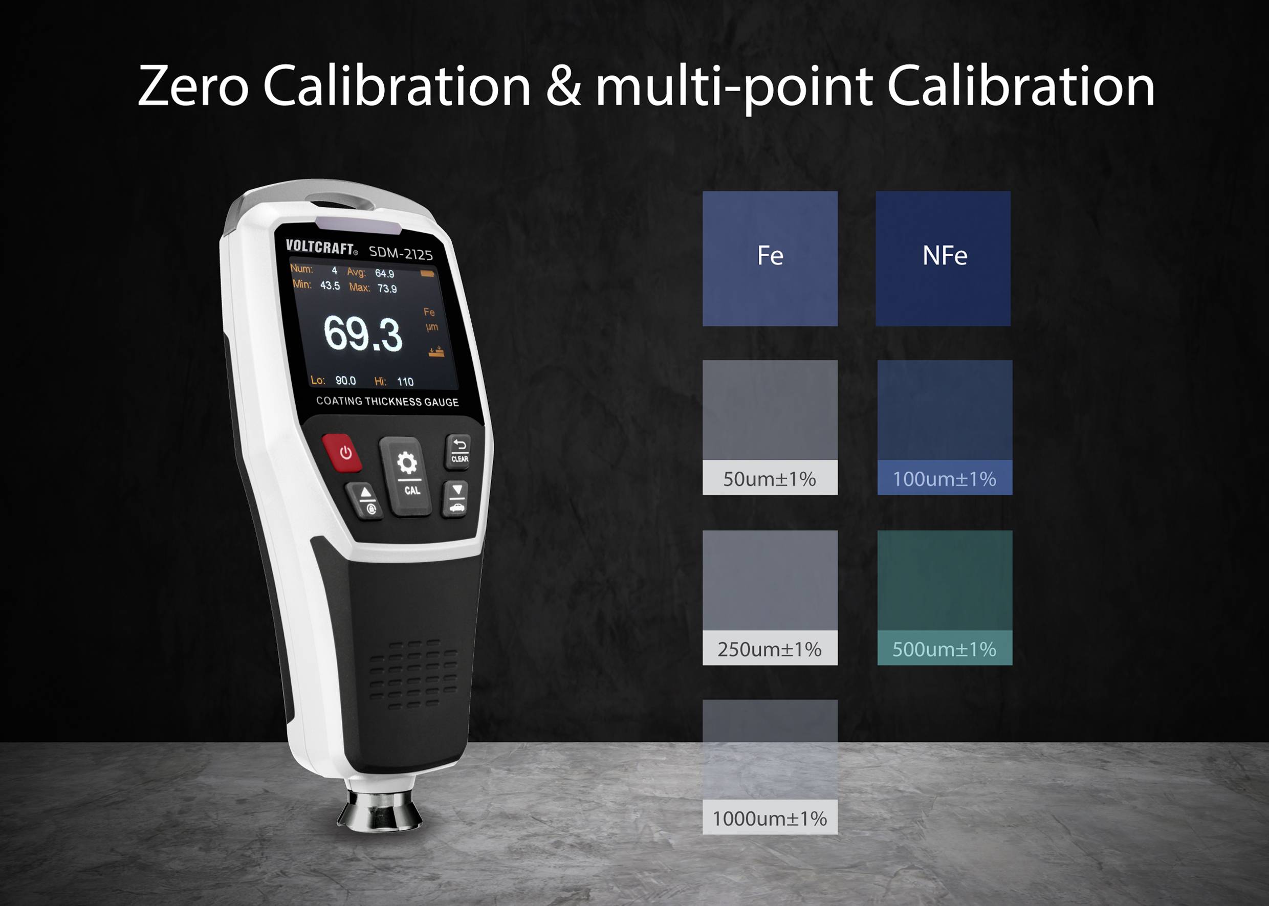 Calibration device with screen displays value of 69.3. On the right, colour-coded calibration options for Fe and NFe, each with different layer thicknesses.