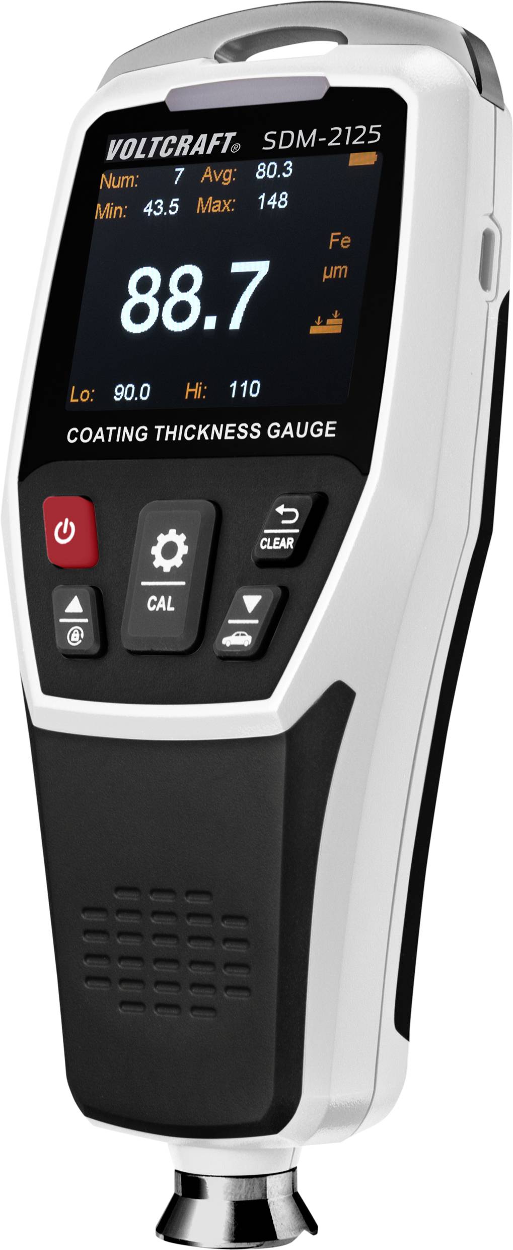 A digital coating thickness gauge with display shows measurement values: current thickness 88.7, average 80.3, minimum 43.5, maximum 148.0.