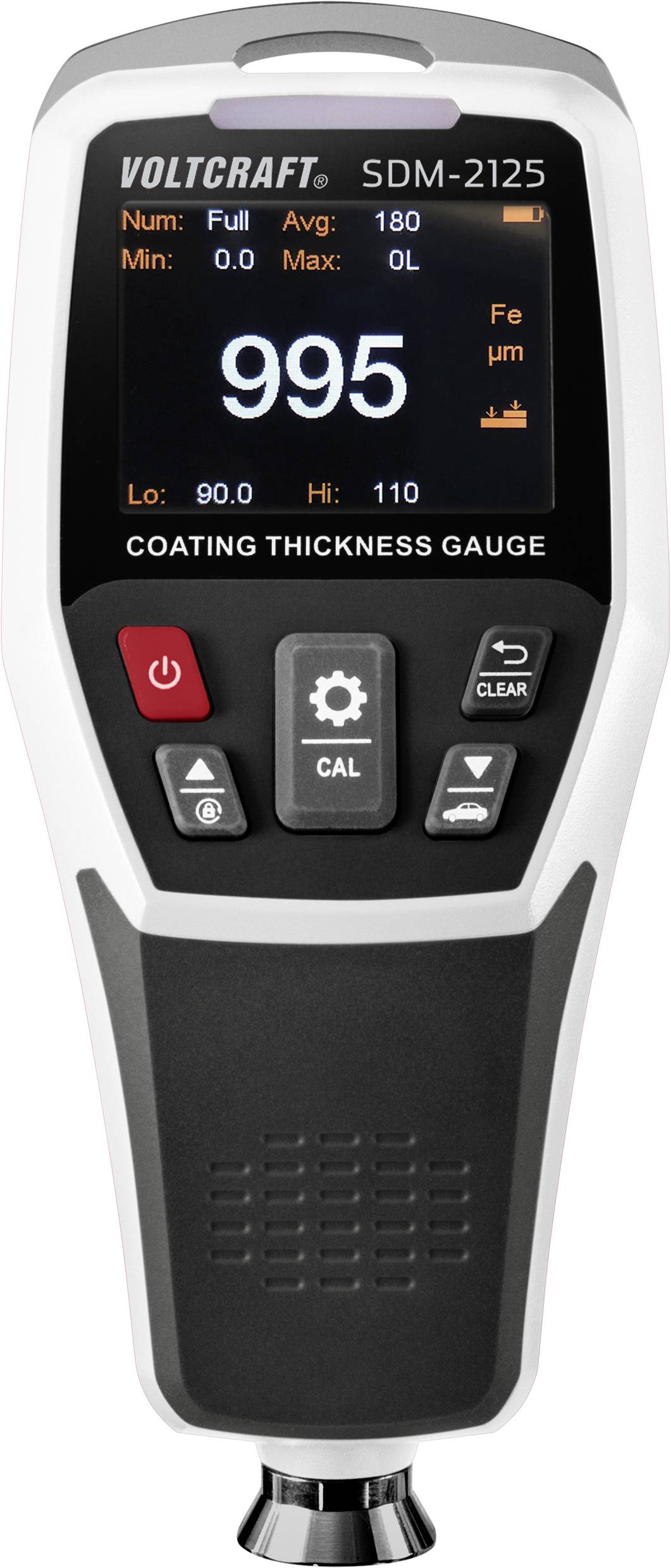 Coating thickness gauge with digital display showing a measurement of 995 µm. Buttons for settings and calibration are visible.