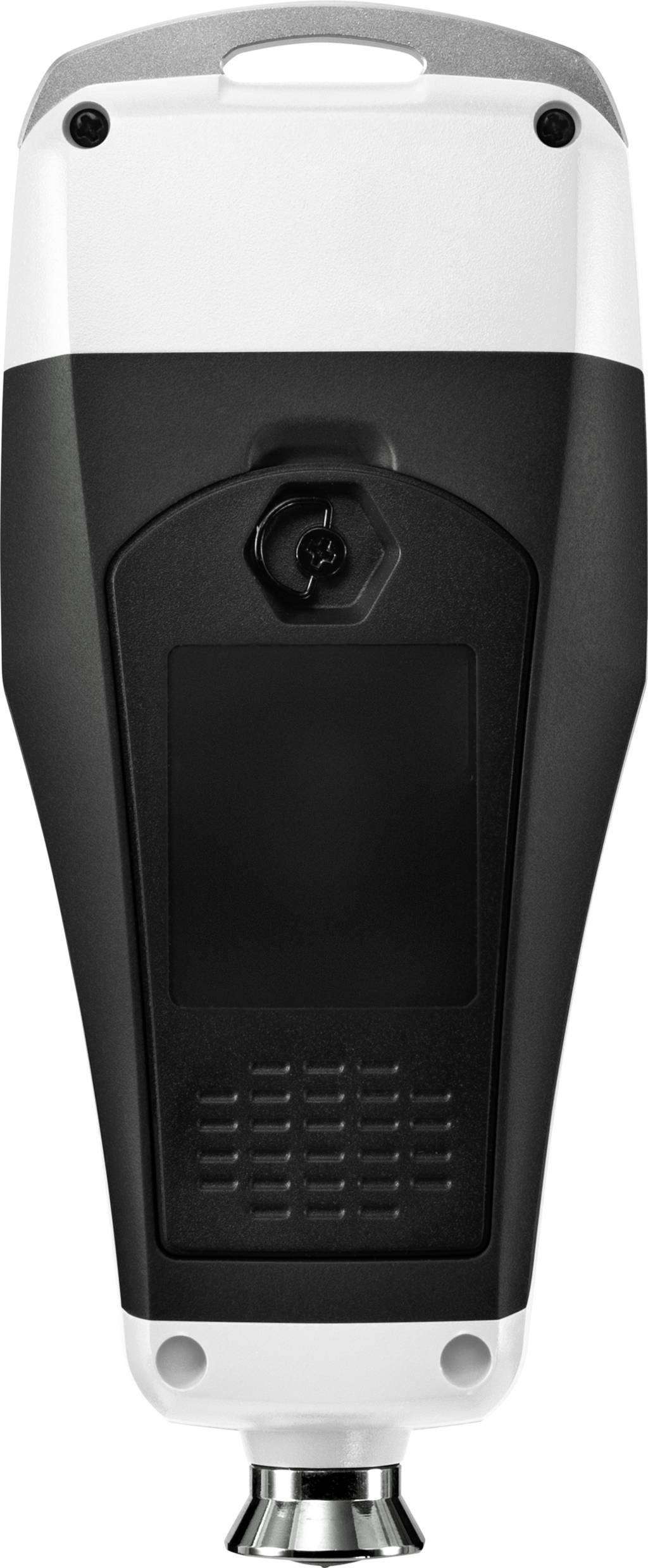 A handheld measuring device with a display and a keyboard on the front. It is designed in a black and white casing.