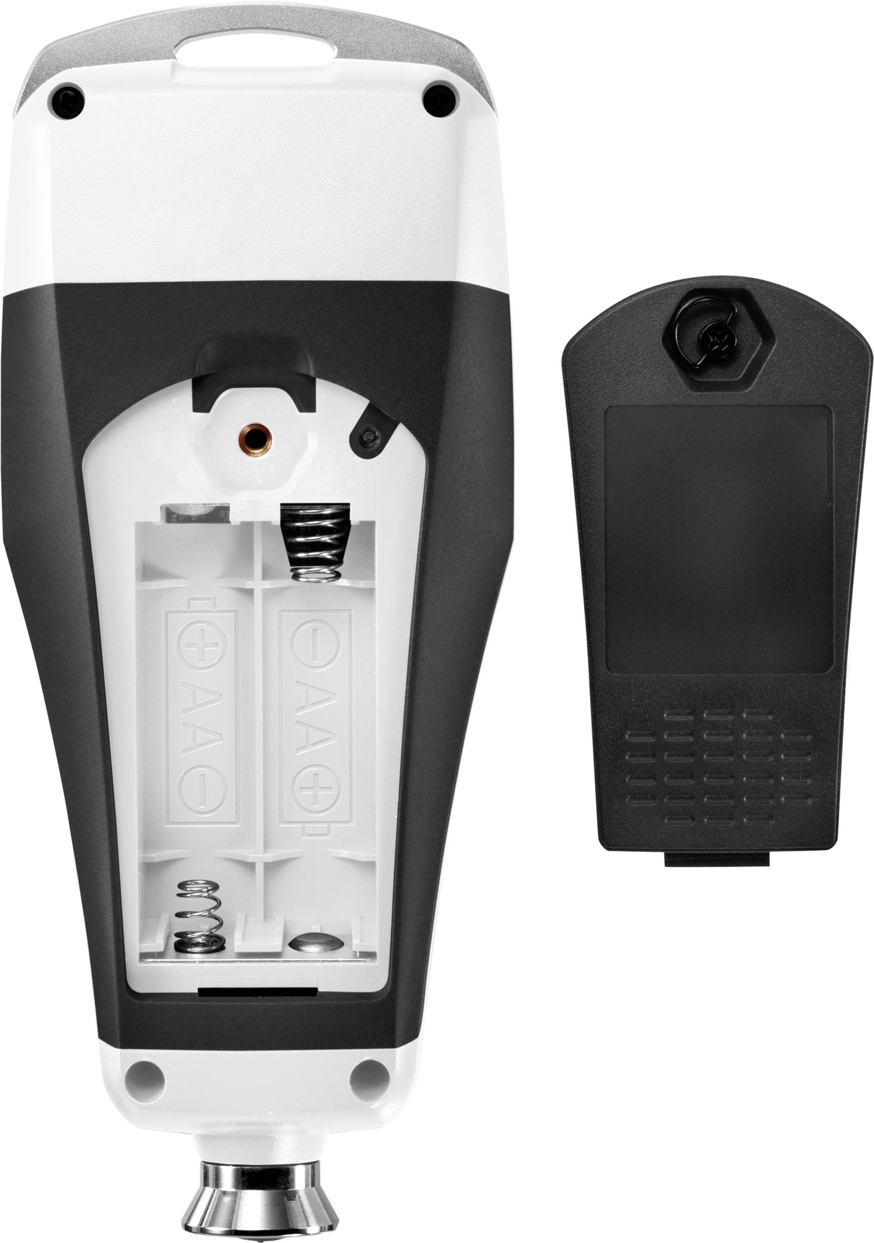 Open electronic device with removed back panel, showing compartment for two AA batteries. Device on the left, detached cover on the right.