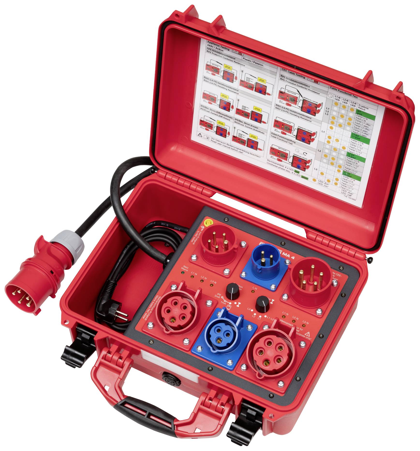 Red portable distribution box with various sockets and connection cables. Open lid reveals usage instructions.