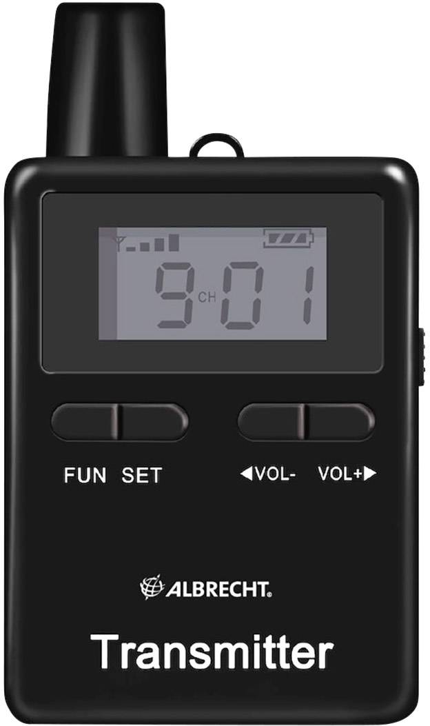 A black audio transmitter with a display shows '9 CH' and '901'. Buttons for settings, volume, and function are visible.