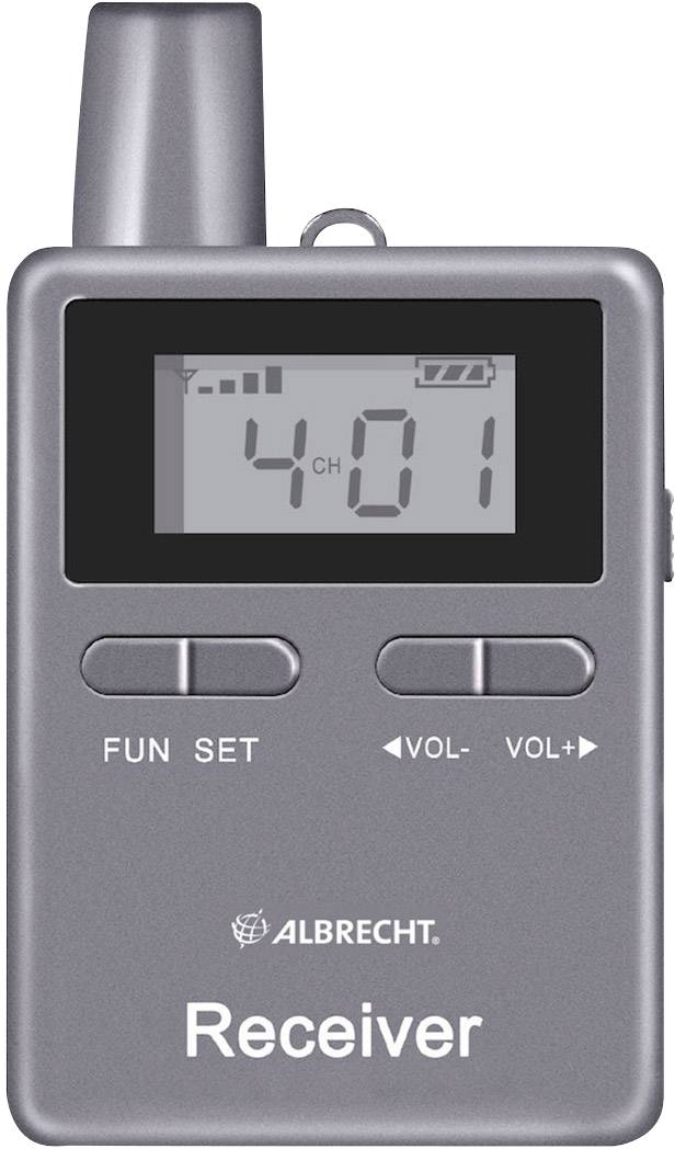 A grey receiver with a display shows '4CH 01'. Underneath are buttons for 'FUN', 'SET', 'VOL-' and 'VOL+'. 'ALBRECHT' logo at the bottom.