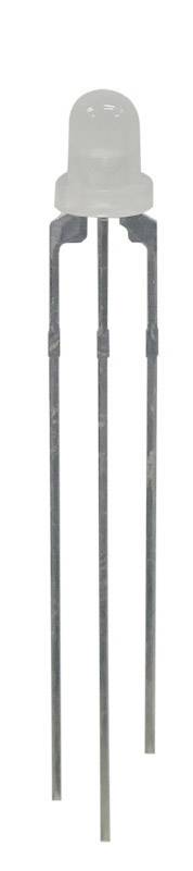 A single white LED with four terminals stands vertically upright.