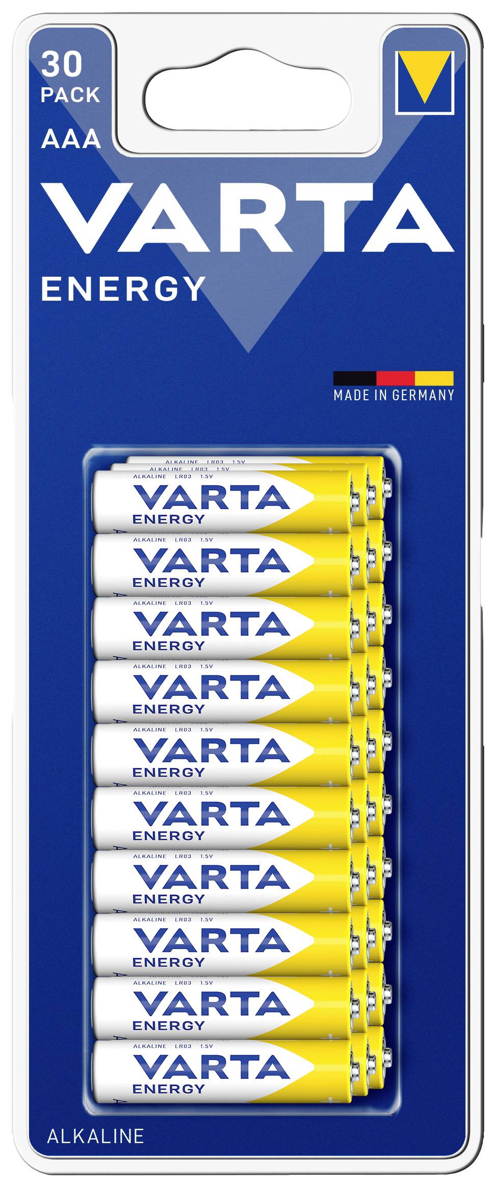 A pack of 30 AAA batteries by Varta, featuring blue and white packaging design and the label 'Made in Germany'.