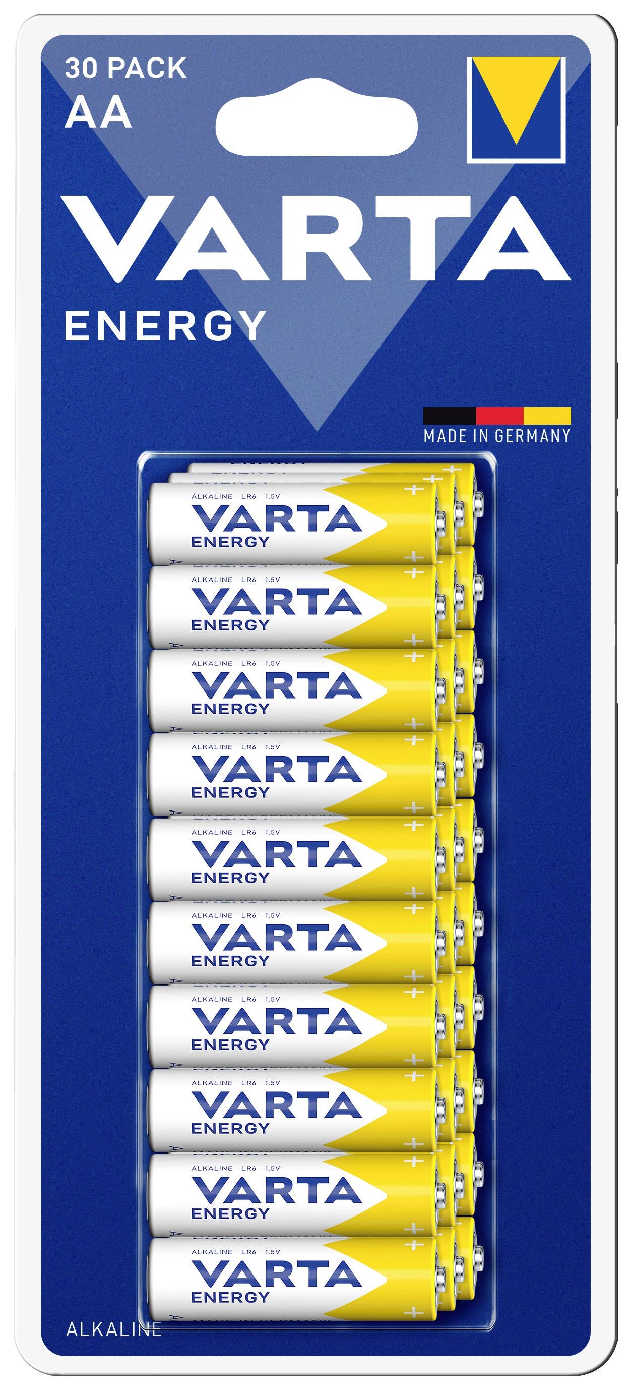 'VARTA Energy' 30-pack AA alkaline batteries in yellow and white packaging, 'Made in Germany' note in the top right corner.