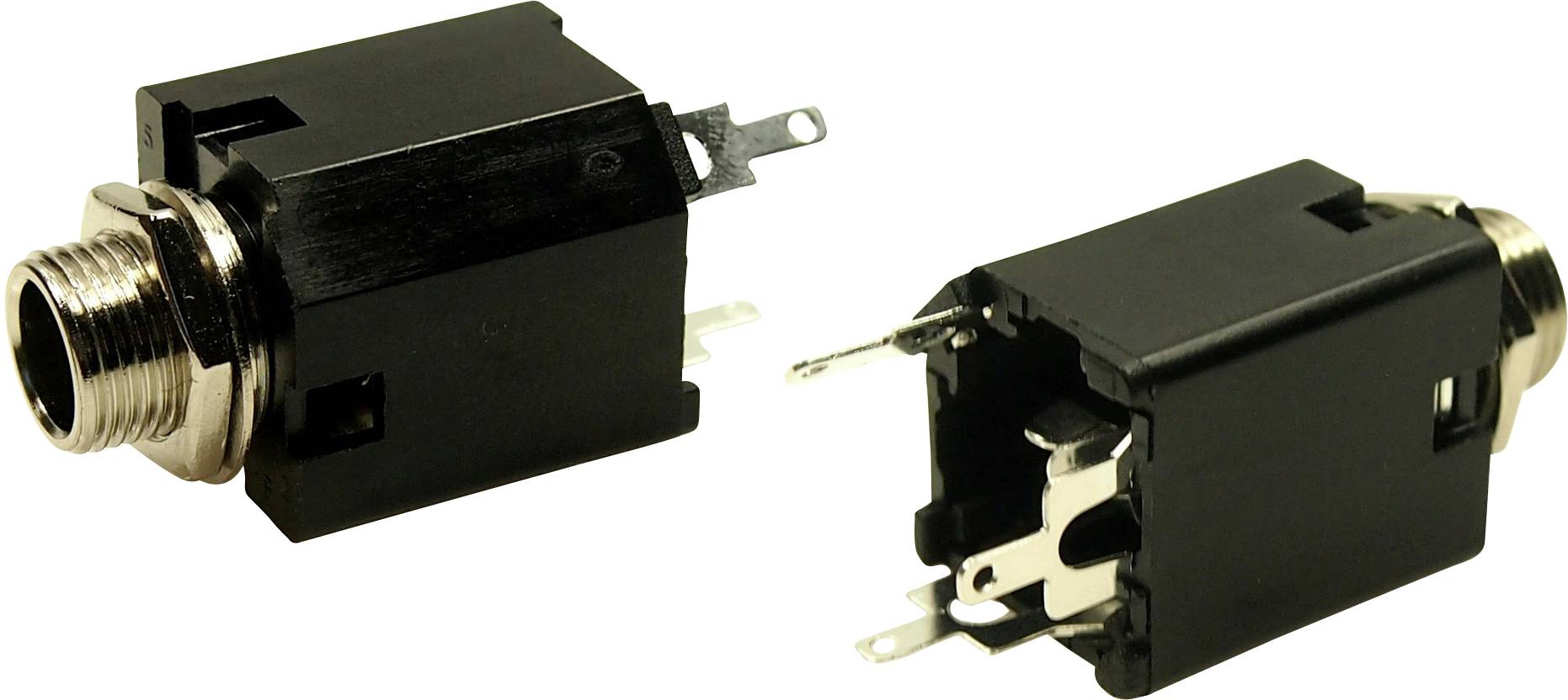 Two black jack sockets with metal components in various positions that can be used for electrical devices.