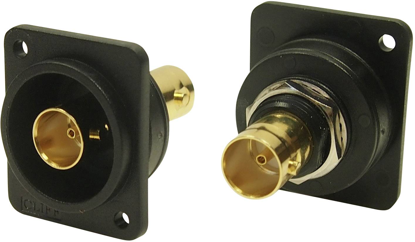 Two gold BNC connectors with black housing, suitable for signal transmission in video or audio applications.
