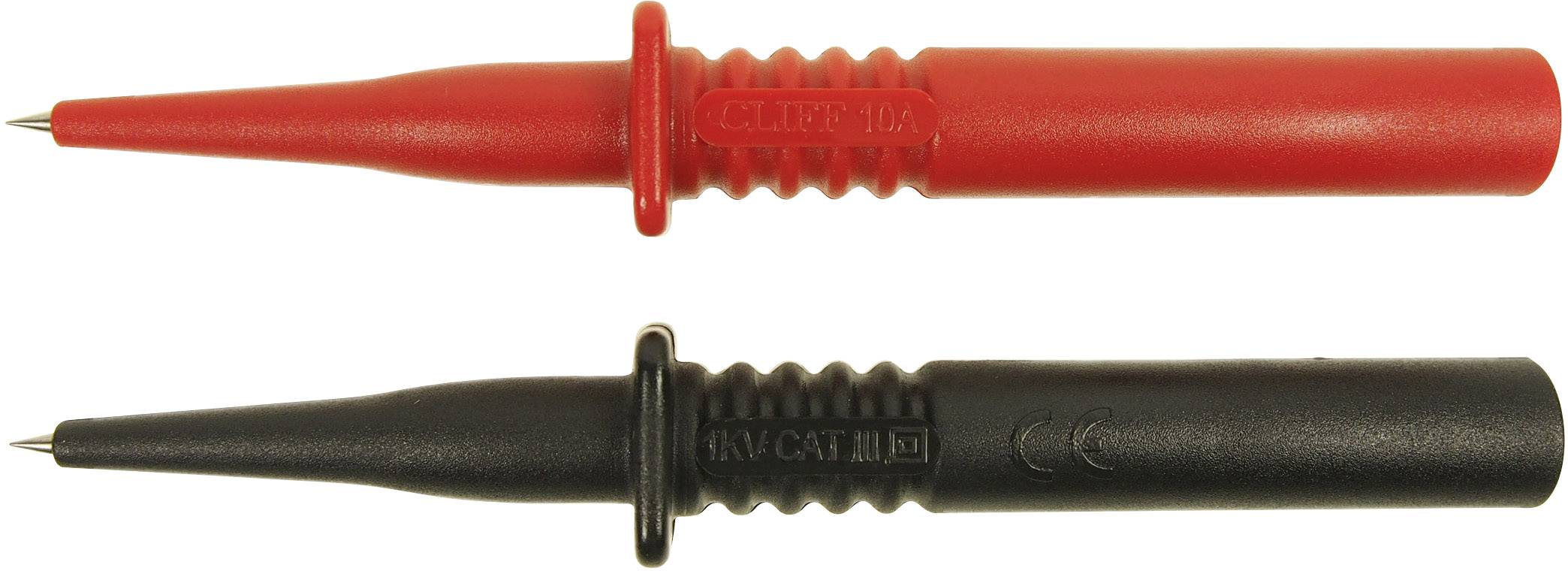 Two test probes, one red and one black, for measuring electrical circuits.