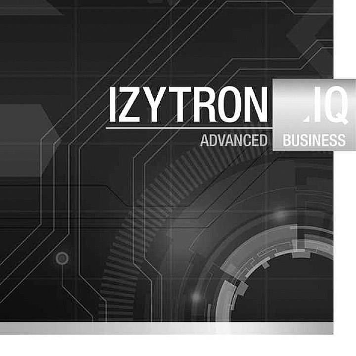 Black technical design with the text 'IZYTRON.IQ ADVANCED BUSINESS', adorned with lines and circles in the background.