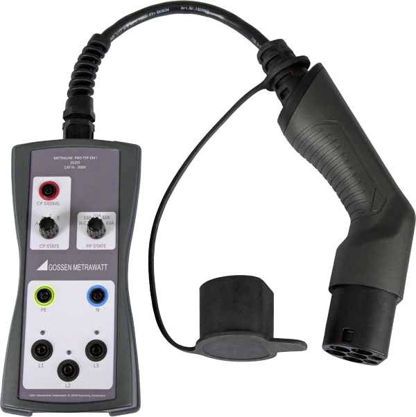 Charger testers with plug and cable for checking electric vehicle charging stations. Brand name and some connections visible.