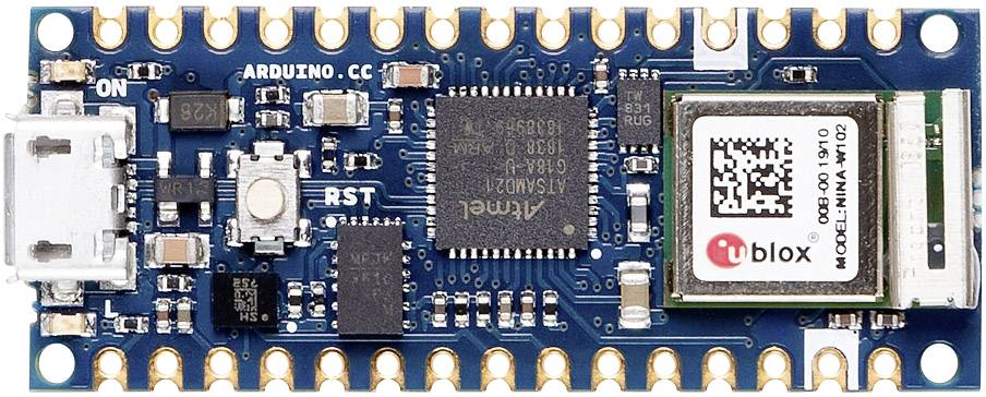 An Arduino Nano 33 IoT microcontroller with USB port and integrated electronic components, suitable for IoT applications.