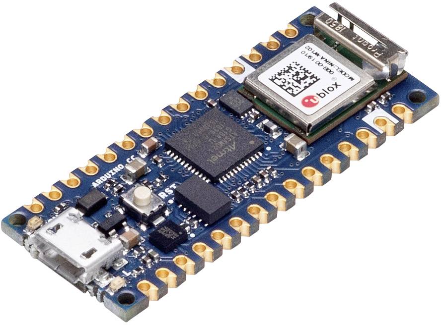 Small electronic module with microcontroller and u-blox radio module; shows connections, chips and a USB interface.