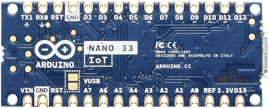 Illustration of an Arduino Nano 33 IoT Board with pin labels and connection options, suitable for IoT projects.