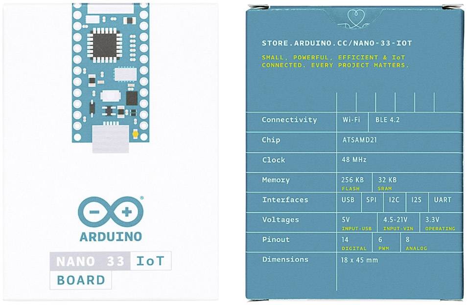 Front side: Arduino Nano 33 IoT Board with logo. Reverse side: Technical details, such as Wi-Fi BLE 4.2, ATSAMD21 chip, 48 MHz, USB, SPI, I2C.