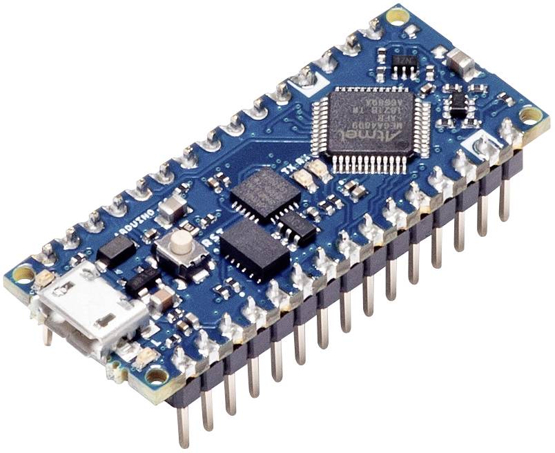 Microcontroller board with USB port and various electronic components, typical for prototyping and development.