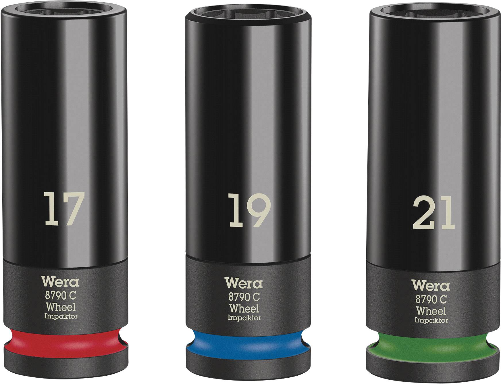 Three Impactor nuts with numbers 17, 19 and 21. Each nut has a coloured ring: red, blue, green, and is labelled 'Wera 8790 C'.