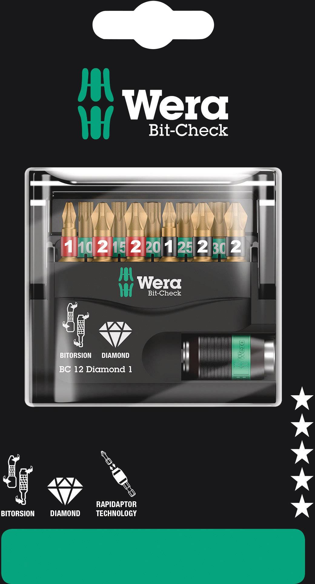 The 'Wera Bit-Check 12 Diamond 1' contains 12 screwdriver bits in various colours and sizes, with diamond-coated technology.