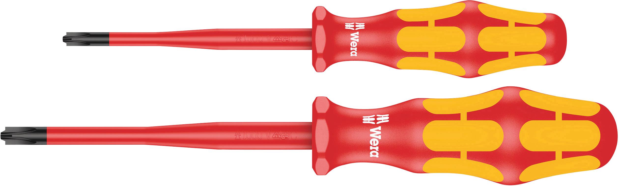 Two isolated screwdrivers with red handles and yellow markings. They are designed for safe work on electrical installations.