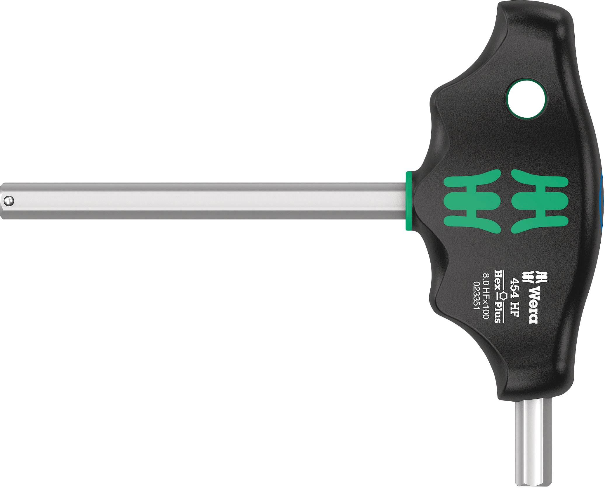 Metal T-shaped hex key with plastic handle, suitable for tightening or loosening screws with hexagonal socket heads.