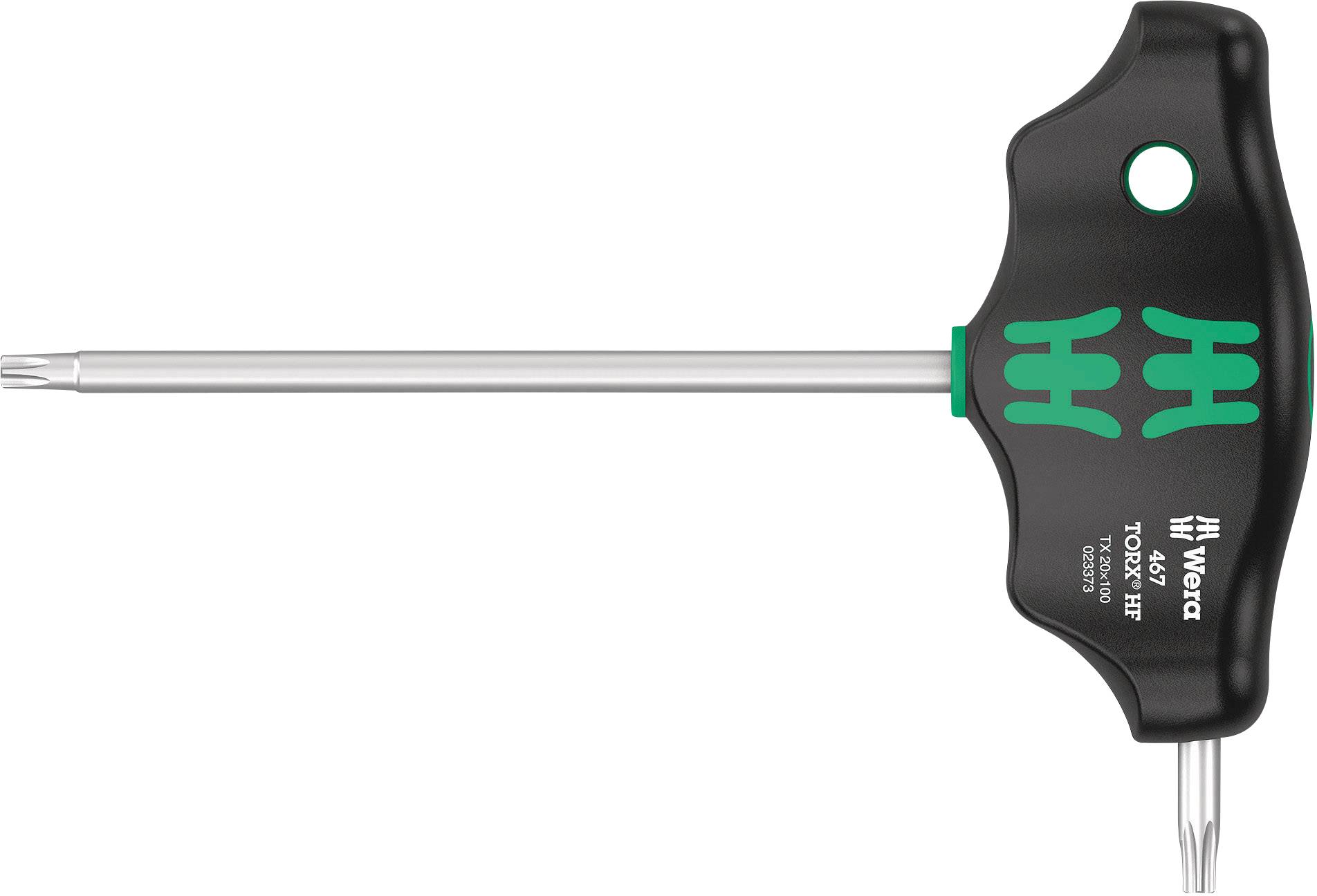 Torx screwdriver with T-handle, suitable for high torque applications. Black handle with green design, long metal shaft with six-point tip.