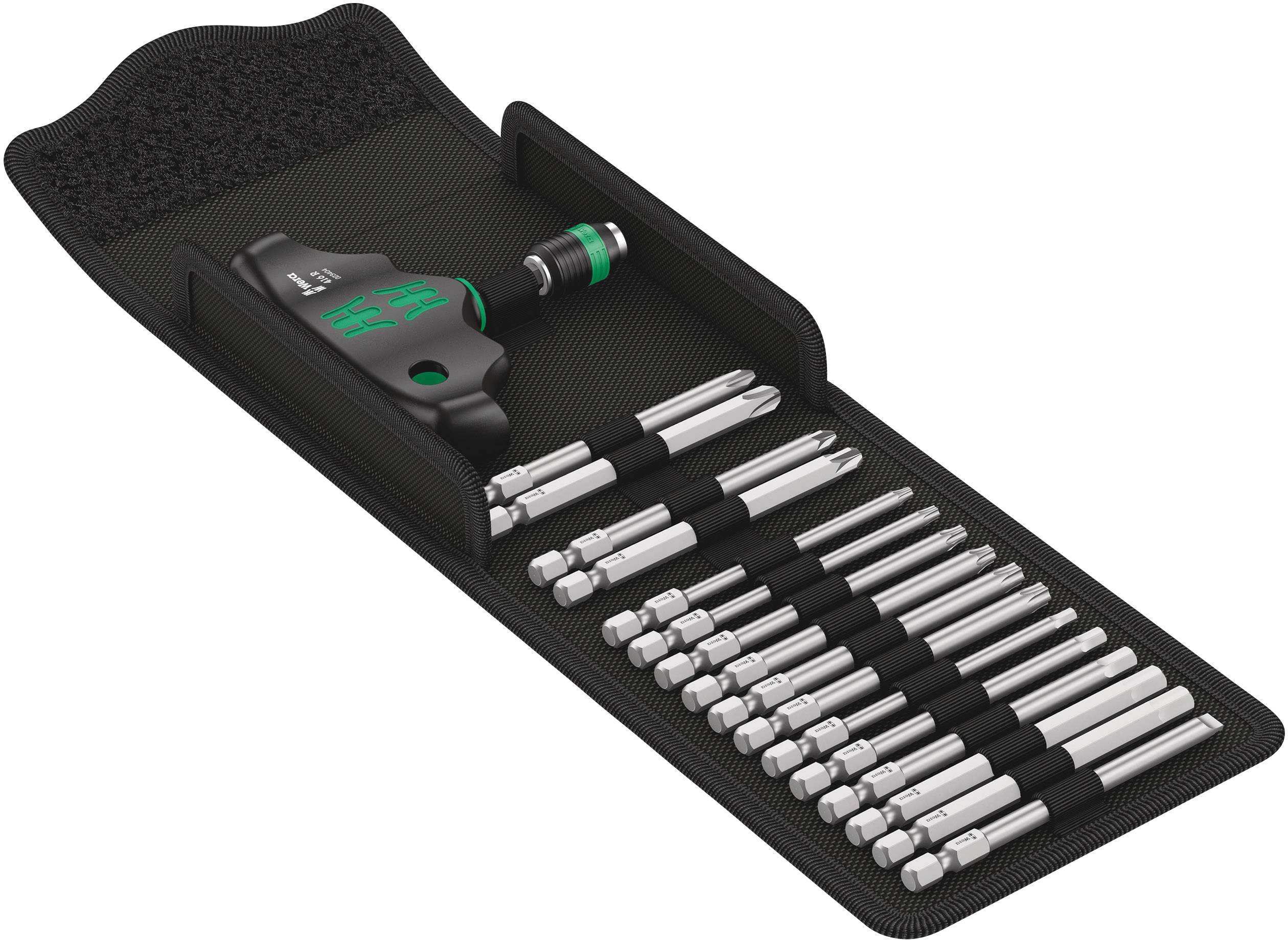 An open case containing various screwdriver bits and a handle. Everything is neatly arranged in rows.