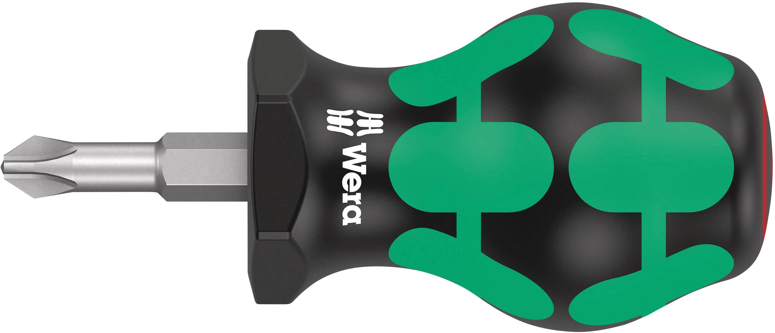 Phillips screwdriver with a short handle, black and green rubber grip, 'Wera' brand name printed on it.