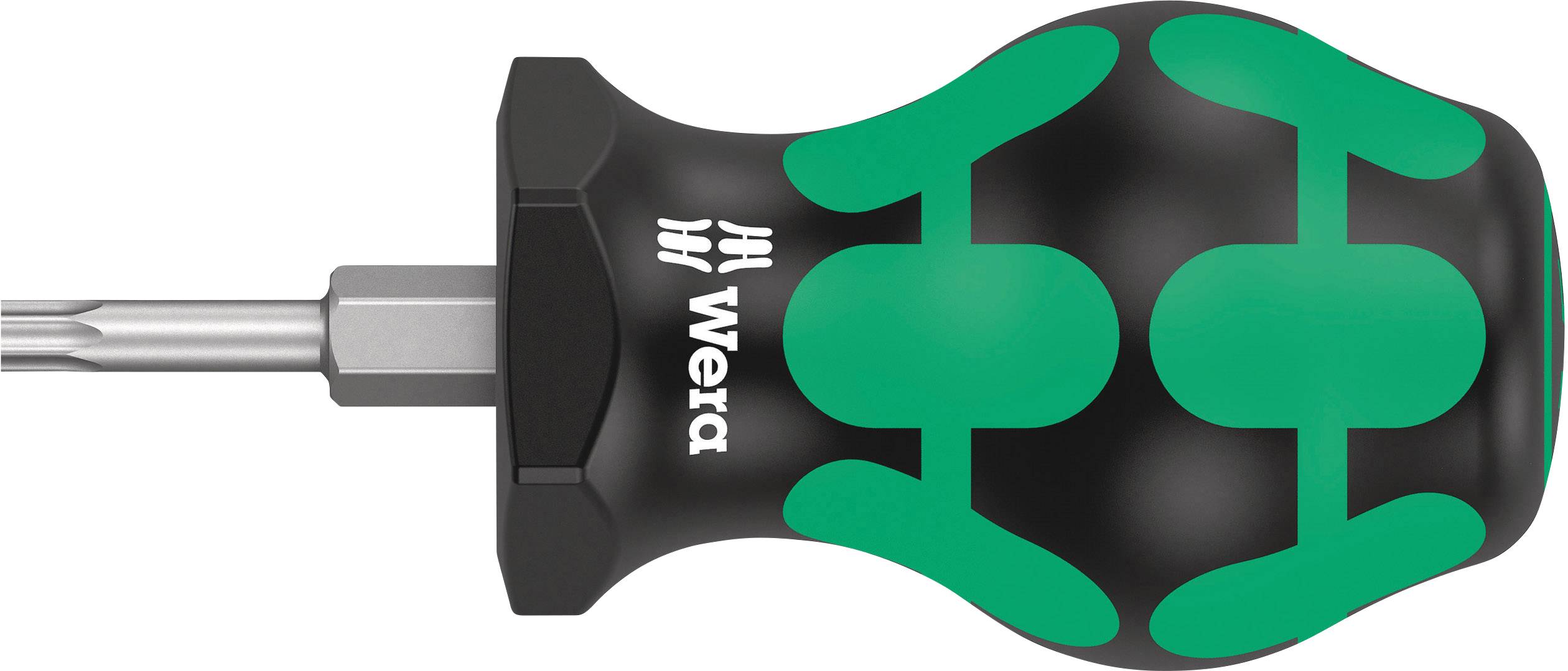 A screwdriver with an ergonomic handle in black and green, positioned sideways. The 'Wera' brand is visible on the handle.