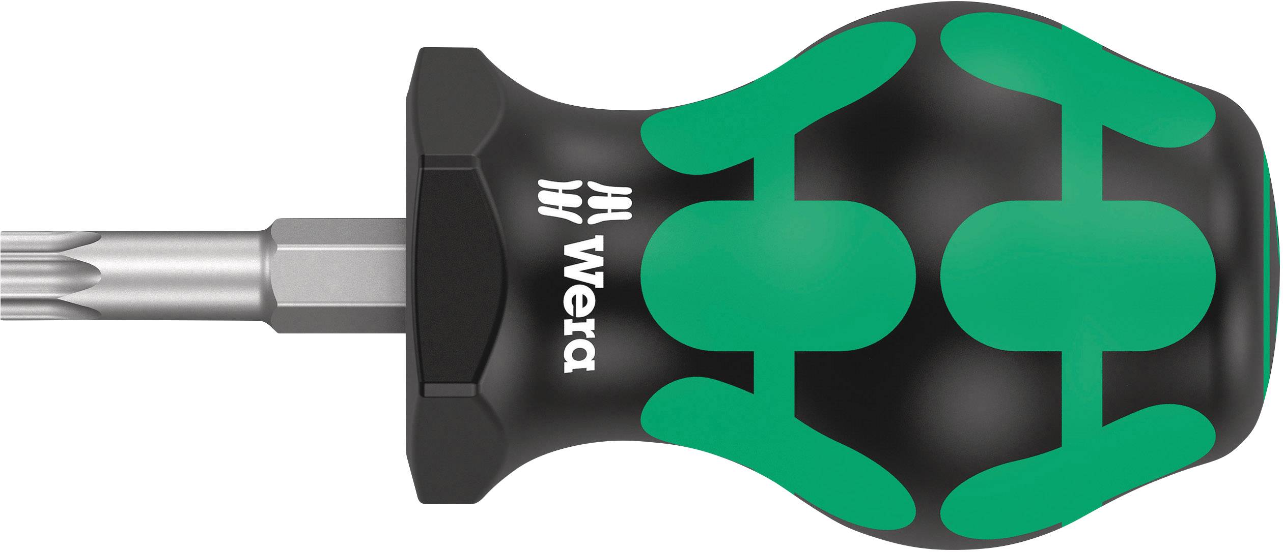 Screwdriver with ergonomic handle; black and green colour pattern; 'Wera' brand name on the handle.