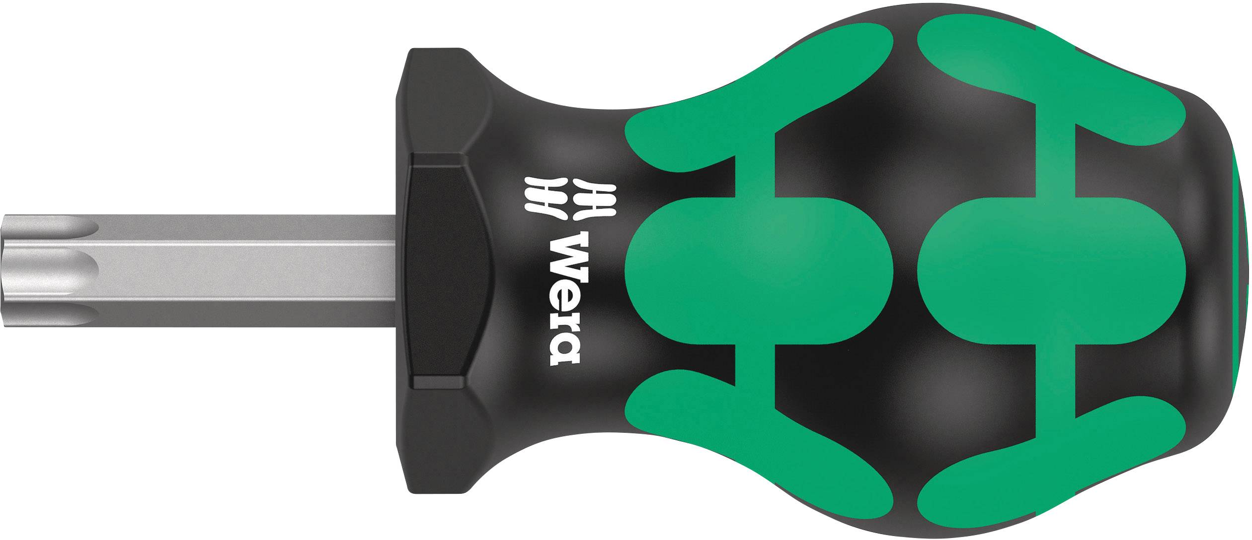 A short screwdriver with a black handle and green rubber inserts. The blades are held in place by a precise push-fit mechanism.