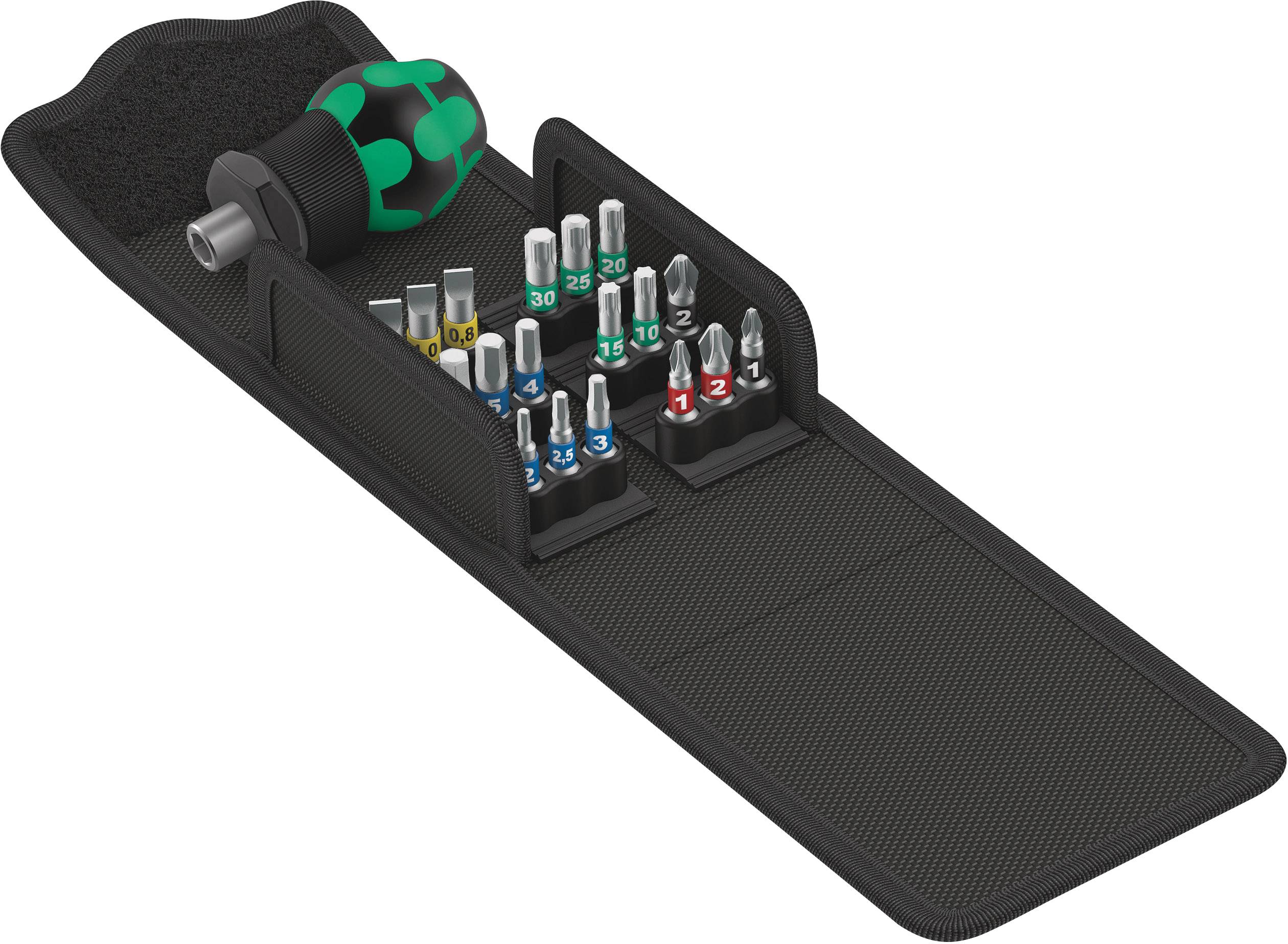 A screwdriver set comprising a handle and interchangeable bits in various sizes, neatly arranged in a case.