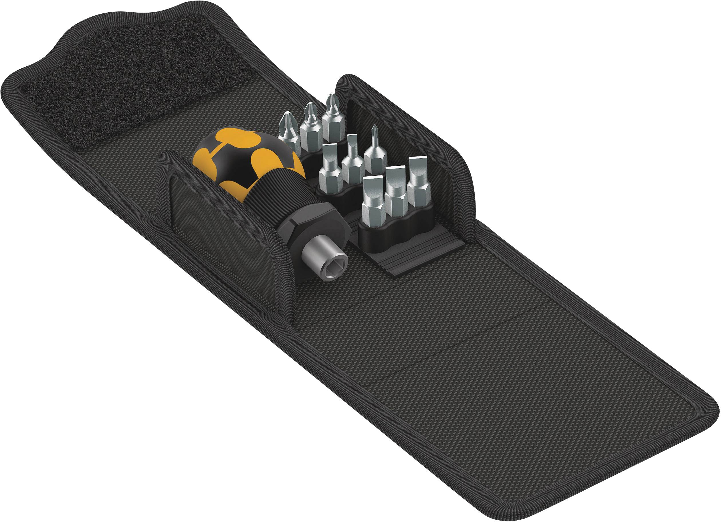 Screwdriver set with various attachments in an open case, ready for use.