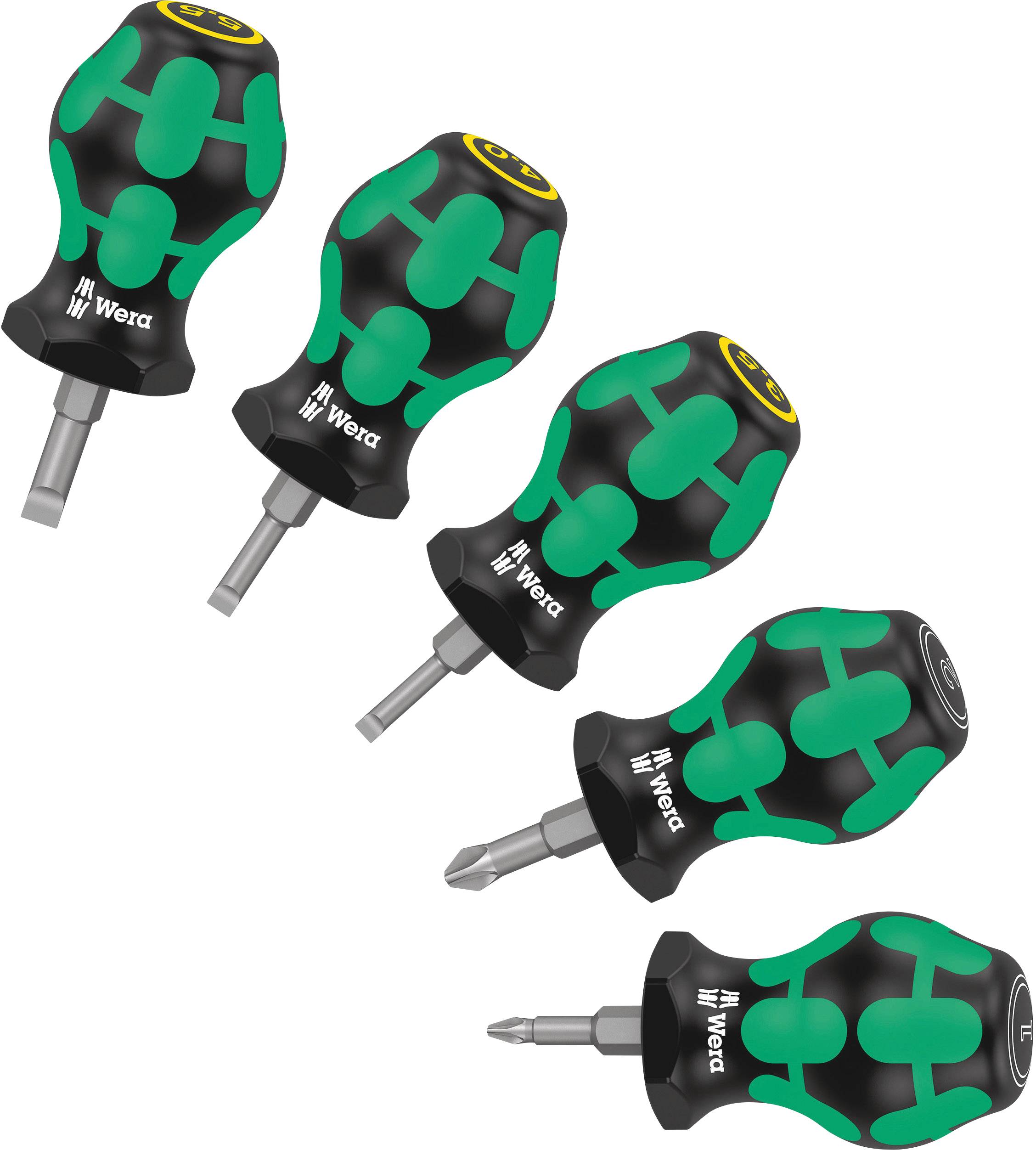 Five ergonomic screwdrivers with coloured handles, suitable for various screw types. Ideal for precise work.